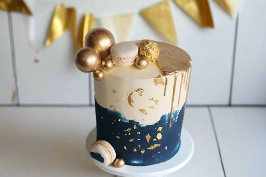 Blue White & Gold Drip Cake
