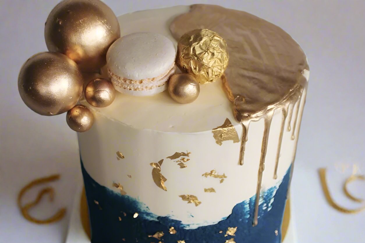 Blue White & Gold Drip Cake